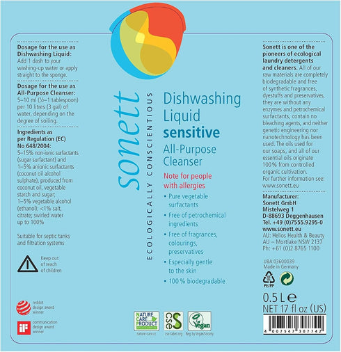 Sonett Organic Dishwashing Liquid, Certified Organically Grown, All Purpose Cleaner for Sensitive Skin (17 Fl. Oz, 1