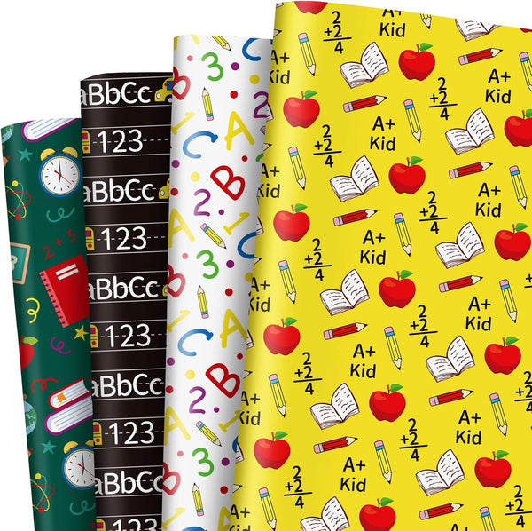 Whaline 12 Sheet Back to School Wrapping Paper, 19.7 x 27.6 Inch Bulk Pencil Apple ABC Prints Gift Wrap for DIY Crafts