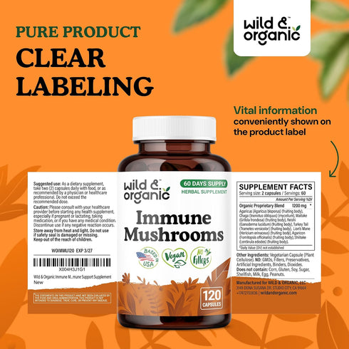 Immune 8 Immunity 60 120 Count Wild & Organic Mushroom Blend Capsules - Mushroom Complex Supplements for Support
