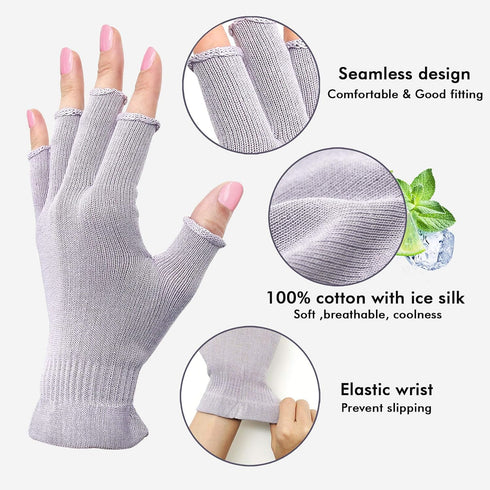 MIG4U 3 Pairs Fingerless Moisturizing Gloves, Half Finger Touchscreen Beauty Glove for Eczema, SPA, Dry Hands, Skin Treatment, Summer Sun UV Protection, Pale Purple, L/XL