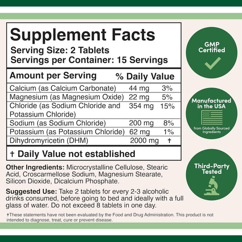 DHM1000 Dihydromyricetin (DHM) Tablets - Most Powerful DHM Supplement on The Market - 1,000mg (30 Count) Enhanced with Electrolytes for Hydration and Liver Support by Double Wood