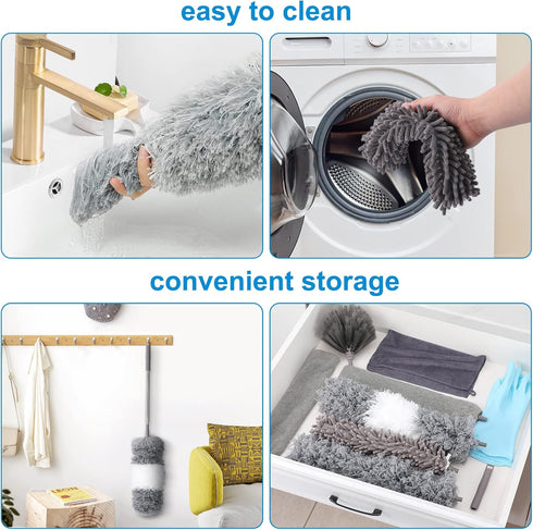 Microfiber Extendable Feather Duster (11pcs) with 100" Extension Pole, Washable & Reusable for Cleaning Ceiling Fans &