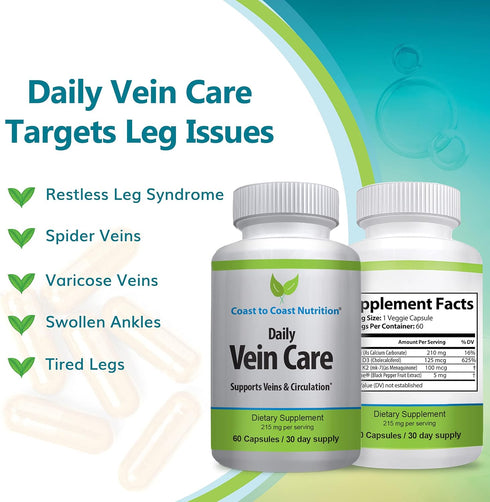 Daily Vein Care Supplement Capsules, Circulation Formula with Calcium, Vitamin D3, K2, BioPerine, 60 Capsules