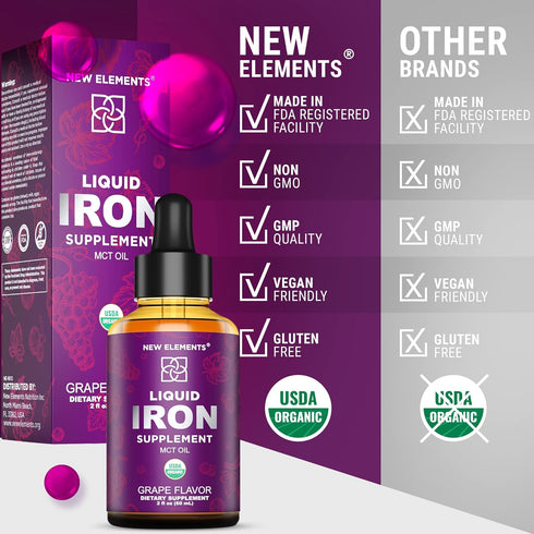 Iron Supplement for Women & Men, Organic Liquid Iron Drops for Adults with MCT Oil, 2 Fl Oz, Immune Support