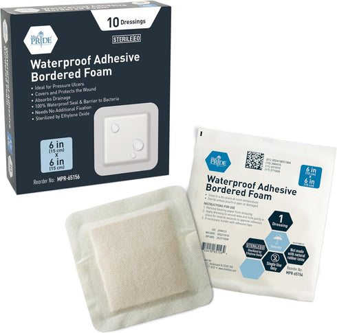 MED PRIDE Waterproof Silicone Foam Wound Dressing 6'' x 6'' (10-Count) Sterile, Adhesive Border for Healing Support