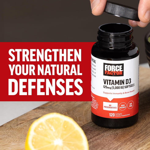 FORCE FACTOR Vitamin D3 5000 IU Softgels - 120 High-Potency Softgels for Immunity & Bone Health, No Preservatives