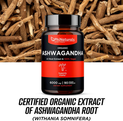 PhiNaturals Organic Ashwagandha Root Extract in Vegan Capsules, 6000 Mg Root Equivalent, 1500 Mg Per Serving, 30