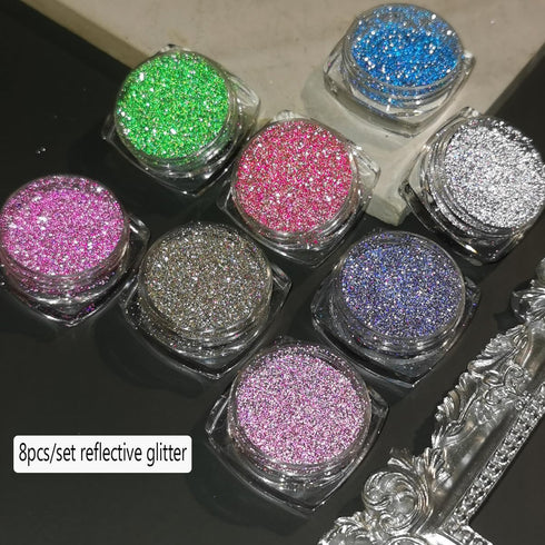 Reflective Glitter Powder Set, 8 Colors Sparkle Diamond Nail Glitter Dust, Silver Pink Purple Green Loose Nail Supplies