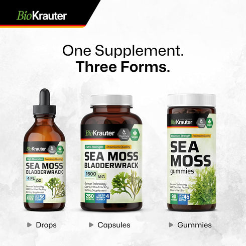 BIO KRAUTER Irish Sea Moss Capsules, 1600 mg - 250 Count - Vegan Bladderwrack with Chondrus Crispus
