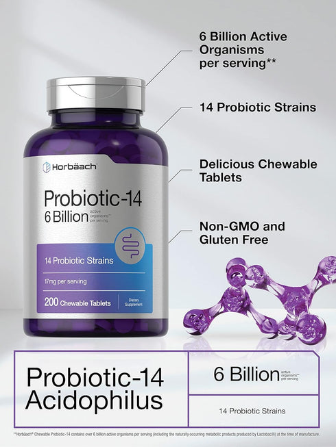 Horbaeach Chewable Probiotics 200 Tablets | 6 Billion CFUs | 14 Probiotic Strains | Vegetarian, Non-GMO & Gluten Free