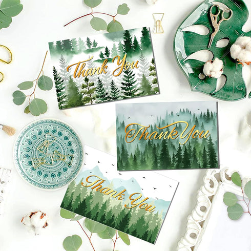 KTHONIOMANTE 24 Pack 6 7.9x5.9 Inches Green Forest Thank You Cards with Envelopes & Stickers - Watercolor Nature Blank