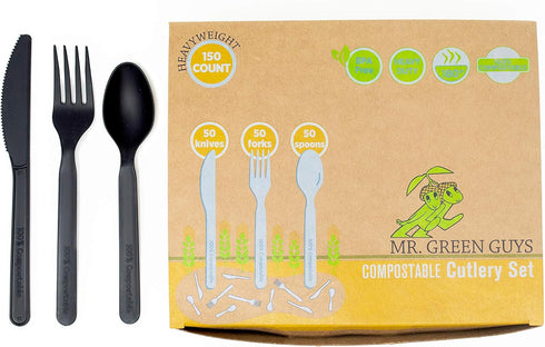 Compostable Heavyweight Disposable Forks, Knives & Spoons Set - 50ct Eco-Friendly Cutlery from Cornstarch