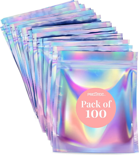 Prestee 100 Pack Mylar Bags 4x6, Resealable Holographic Bags with Window for Food Storage and Small Business