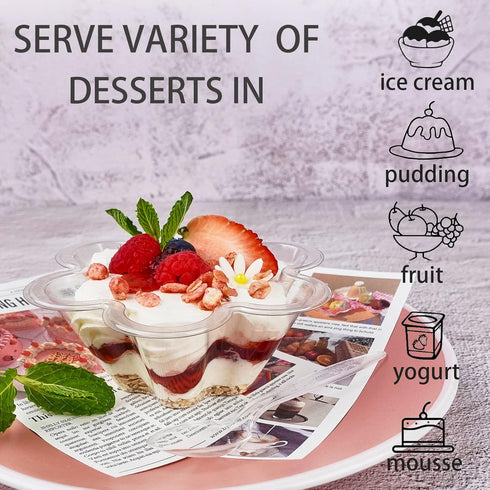 50ct 8oz Clear Plastic Dessert Cups with Spoons, Disposable Flower Shaped Ice Cream Bowls for Parties