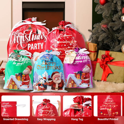YIGOYIHU 30PCS 5 4 Christmas Gift Bags Drawstring - Christmas Gift Bags Assorted Sizes - Designs Size Xmas Bag Bulk