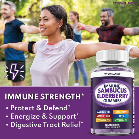 Sambucus Elderberry Immune Gummies - Daily Immune Support for Kids and Adults with Zinc, Vitamin C, D3, B6, B12