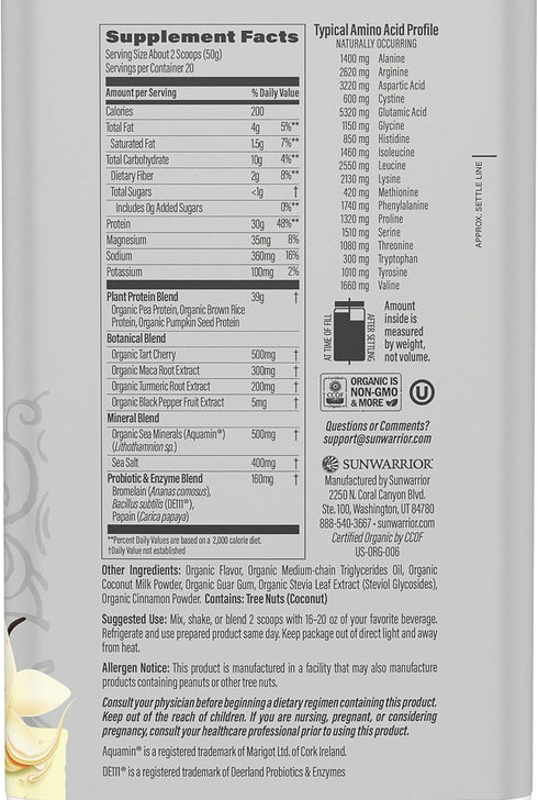 Sunwarrior Vegan Protein Powder, Plant-Based USDA Organic BCAAs, Sugar Free, Vanilla Flavored, 20 Servings