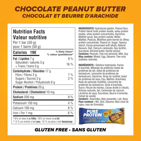 Pure Protein Bars, Gluten Free, Chocolate Peanut Butter, 50g, 6 Count, Imported from Canada