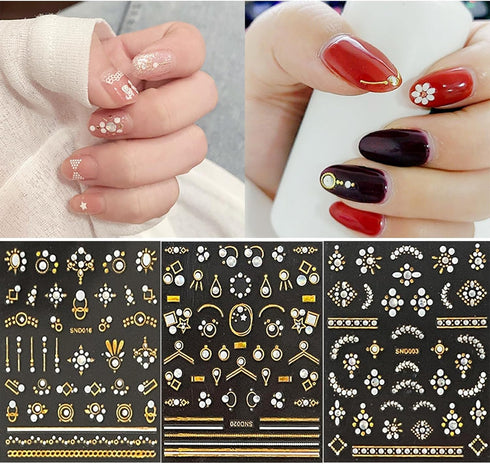 20 Sheets Gold Nail Art Stickers - Metallic 3D Self Adhesive Flower Diamond Designs for Women Nail Decorations