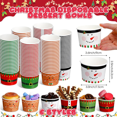 Zhehao 60 9 oz 6 Pcs Christmas Ice Cream Bowls and Paper Cups - Disposable Soup and Snack Cups for Picnic Party