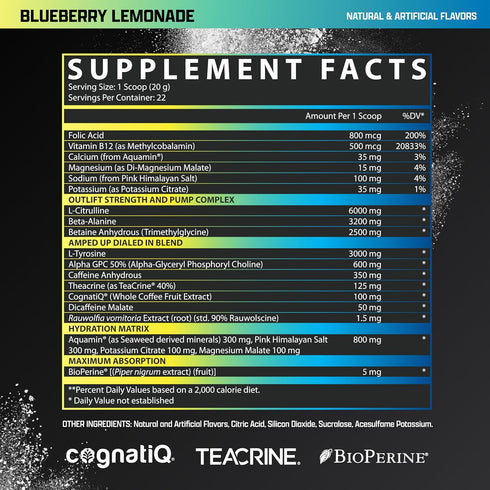 OUTLIFT Amped Max Dosed HIGH STIM Pre Workout Powder - 6G Citrulline, 3.2G Beta Alanine, Blueberry Lemonade, 22 Servings