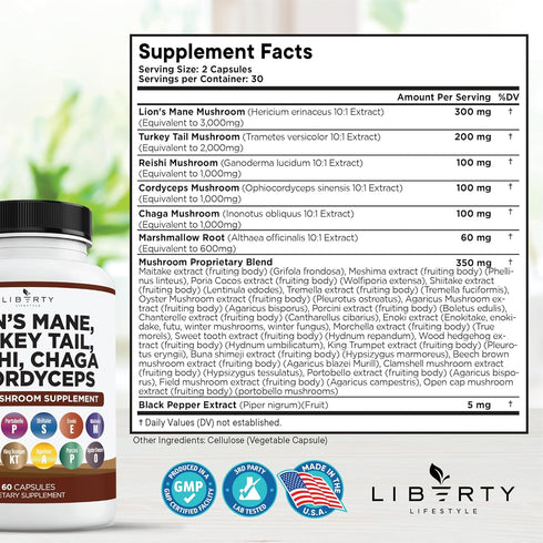 Lions Mane 3000mg 20in1 Mushroom Supplement - Turkey Tail 2000mg, Reishi 1000mg, Cordyceps, Chaga 1000mg - 3 Pack