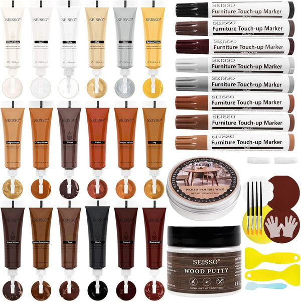 Wood Furniture Repair Kit, 40 Sets, 18 Colors Wood Filler Putty and 8 Touch Up Markers for Scratches and Holes