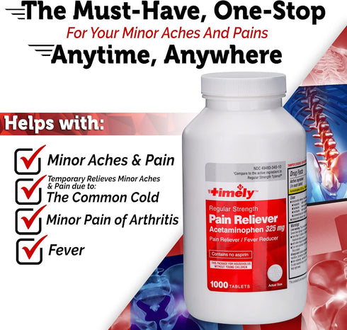 Timely Acetaminophen 325 MG Tablets, 1000 Count - Regular Strength Pain Relief for Menstrual Cramps & Fever