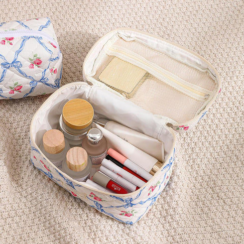 Large Quilted Makeup Bag for Women and Girls, Cute Floral Cotton Cosmetic Bag, Aesthetic Toiletry Bag (01Pink Bows)