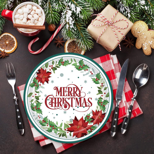 SHEPAILAI 25 25Pcs) Christmas Paper Plates Disposable Plates Holly leaf Dinner Tableware Kit Serve Guests Xmas Dessert