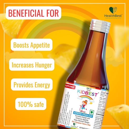 Kidbest Appetite Stimulant Syrup, 200 ml, for Kids 3-13 Yrs, Gluten Free, L-Lysine HCI, Vitamins B1, B2, B6, B12