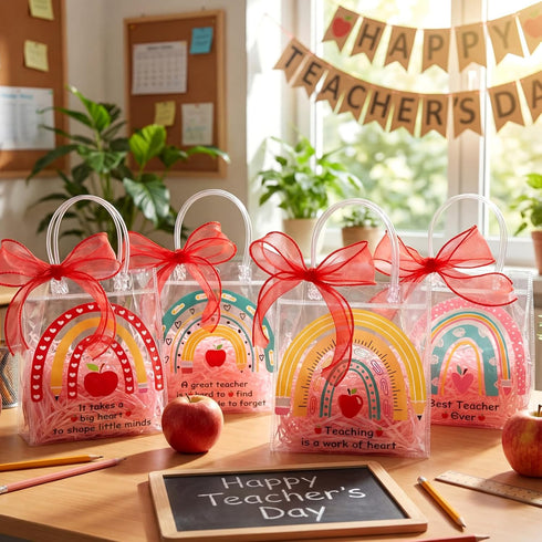 Shinylin 24 Pcs Teachers' Day Clear Gift Bags with Handles Ribbon Reusable Clear PVC Teacher Appreciation Gifts Bags