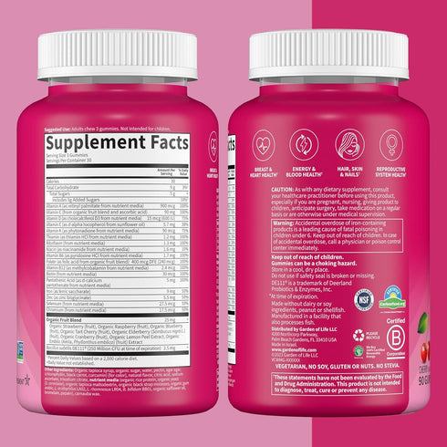 Women’s Multivitamin Gummy with Iron: Folate, Biotin, D3 & B12 for Hair, Skin & Nails, Probiotics - 90 Cherry Gummies