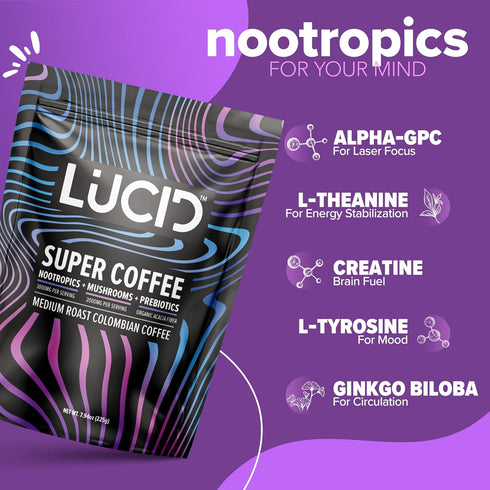 Lucid Superfood Organic Mushroom Coffee with Nootropics - Lion's Mane, Tremella, Cordyceps & Turkey Tail - Instant