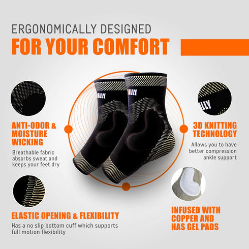 NeoAlly Copper Infused Ankle Brace Silicone Gel Compression Sleeves for Pain Relief, Large, 1 Pair