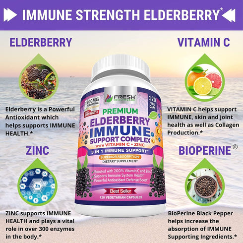FRESH HEALTHCARE Elderberry Capsules, High Potency Black Elderberry with Zinc and Vitamin C for Immune Support