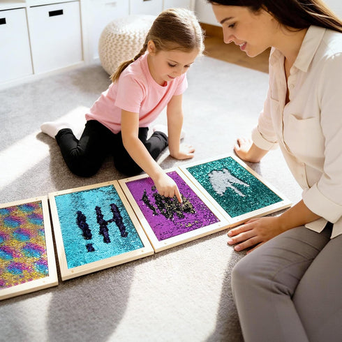 LILXIU 6 PCS Sensory Wall Panel with Wood Frame, Flip Sequin Wall Colorful Touch Learning Board with Felt Backing