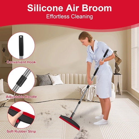 Set 51" Broom with Dustpan Combo and Silicone Air Broom Kit, Long Handle Floor Squeegee, Red Household Kit for Glass