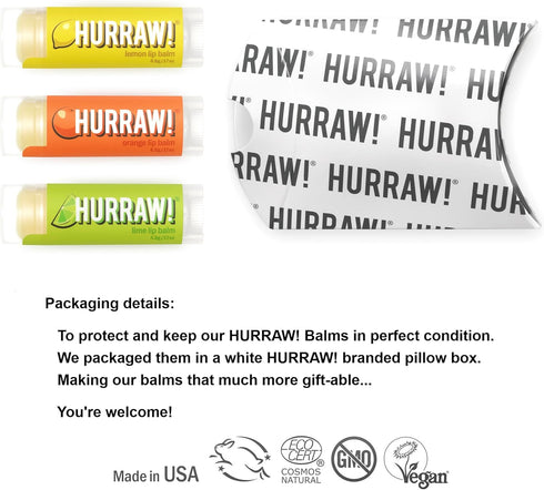 Hurraw! Lemon, Orange, Lime Lip Balms, 3 Pack Bundle: Organic, Vegan, Cruelty Free