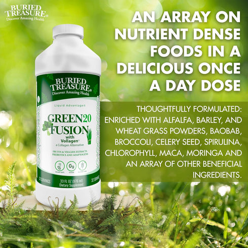 Buried Treasure Green20 Fusion - Liquid Greens Drink with 16 Superfoods, 32 Servings, Supports Energy, Immunity &