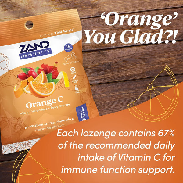 Zand Immunity Orange C HerbaLozenge, Vitamin C Throat Drops with Soothing Herb Extracts, 15 Lozenges