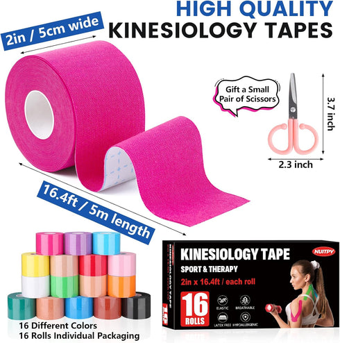 NUITPY 16 16 2 inch 16.4 Rolls Kinesiology Tape, Colors x Feet Waterproof Athletic Tape, Uncut Kinetic Tape, Elastic