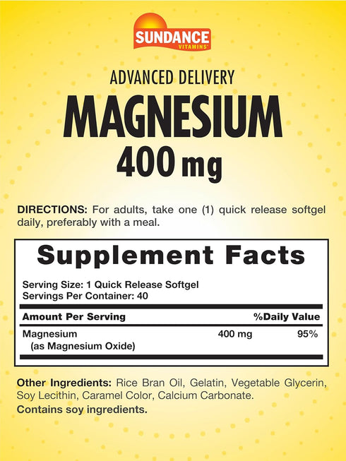 Sundance Magnesium 400mg | 40 Advanced Delivery Softgels | Essential Mineral Supplement | Non-GMO and Gluten Free Formula
