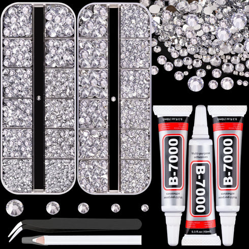 Resin Rhinestones for Crafting with B7000 Jewelry Glue, 2 Boxes Clear FlatBack Crystals with 3Pcs Glue