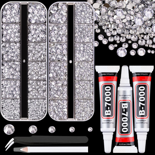 Resin Rhinestones for Crafting with B7000 Jewelry Glue, 2 Boxes Clear FlatBack Crystals with 3Pcs Glue