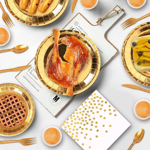 175 Pieces Gold Disposable Party Dinnerware Set - Gold Paper Plates Napkins Cups, Gold Plastic Forks Knives Spoons for 25 Guests by TabreMstr