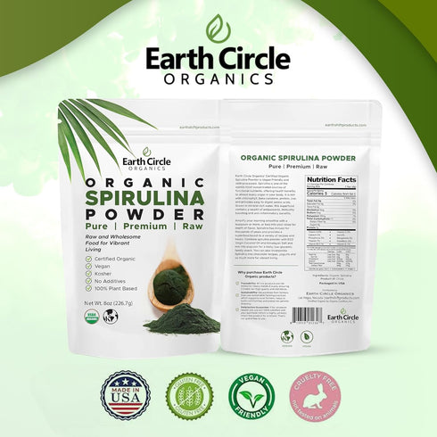 Earth Circle Organics Spirulina Powder, Raw, Kosher, Non-Irradiated | Premium Vegan Protein Superfood - (8oz - 2Pack)