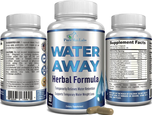Water Away Gentle Herbal Diuretic, Natural Diuretic Water Pills for Bloating Relief, 60 Capsules with Dandelion Leaf