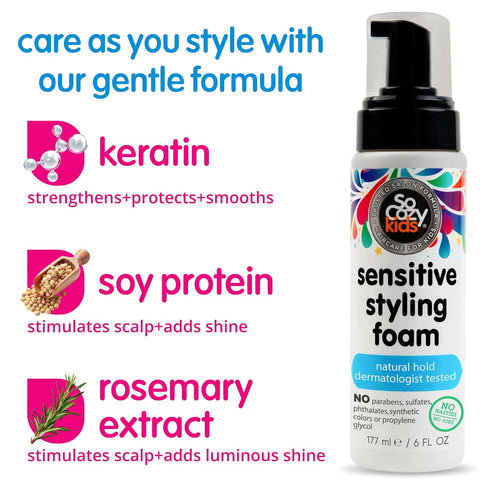 So Cozy Kids Sensitive Styling Foam, Gentle Natural Hold Styler for Straight or Curly Hair, Rosemary, 6 fl oz