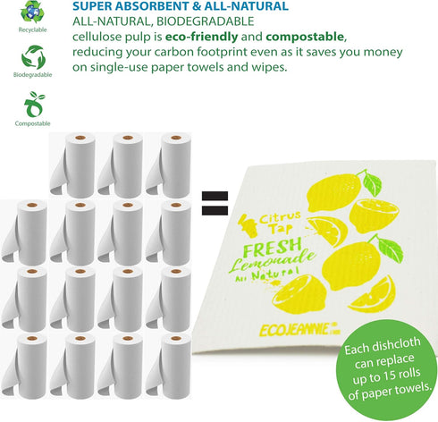 Eco-Friendly Reusable German Cleaning Cloth (10 Pack) 100% Biodegradable Cellulose Sponge Kitchen Cloths, GMO-Free,